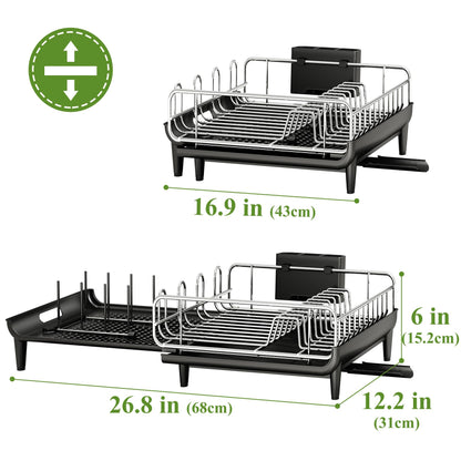 SNTD Dish Drying Rack - Expandable Dish Rack for Kitchen Counter, Large Dish Drainer with Pan Holder, Dish Strainer with Drainboard Cup Holder and Utensil Holder