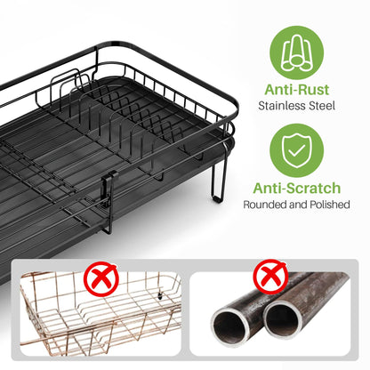 SNTD Large Dish Drying Rack - Expandable Dish Rack for Kitchen Counter, Stainless Steel Dish Drainer Rack with Utensil Holder and Cup Holder, Black