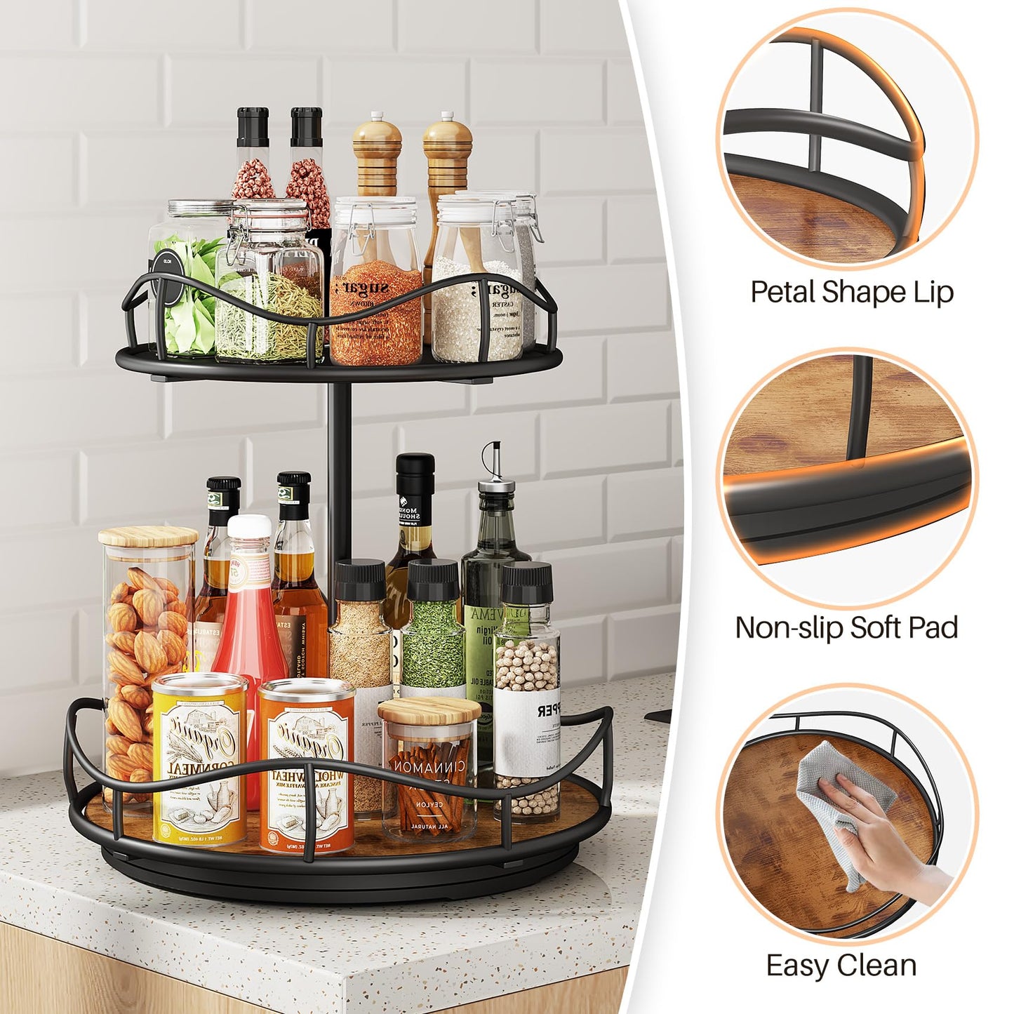 SNTD Lazy Susan Organizer Turntable Spice Rack - 2 Tier Wood Rotating Lazy Susan for Cabinet Pantry Kitchen Countertop Dining Table, Organization Storage