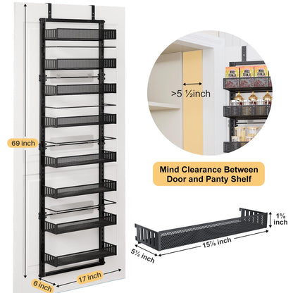 SNTD Over the Door Pantry Organizer - 8 Tier Adjustable Pantry Door Spice Organizer, Large Capacity Hanging Door Spice Rack for Kitchen Pantry Organizers and Storage (Black)