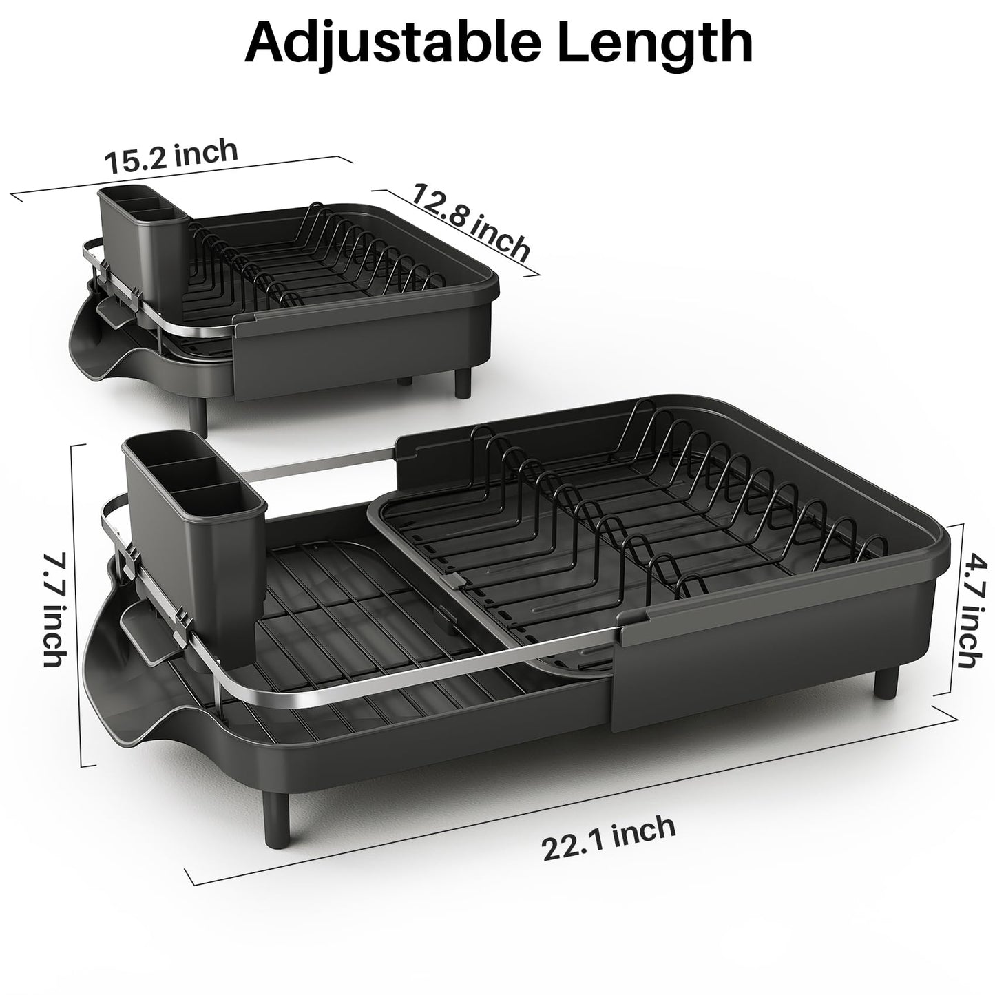 SNTD Dish Drying Rack, Expandable Dish Rack for Kitchen Counter, Stainless Steel Dish Drainer with Drainboard Set and Utensil Holder (Black)