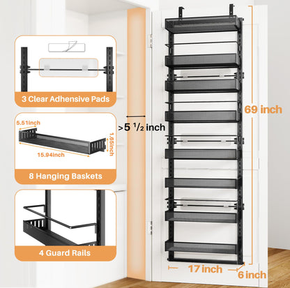 SNTD Over the Door Pantry Organizer - 8 Tier Adjustable Door Spice Rack for Kitchen Pantry, Stronger Metal Pantry Door Organization Storage