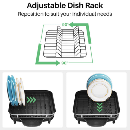 SNTD Dish Drying Rack, Expandable Dish Rack for Kitchen Counter, Stainless Steel Dish Drainer with Drainboard Set and Utensil Holder (Black)