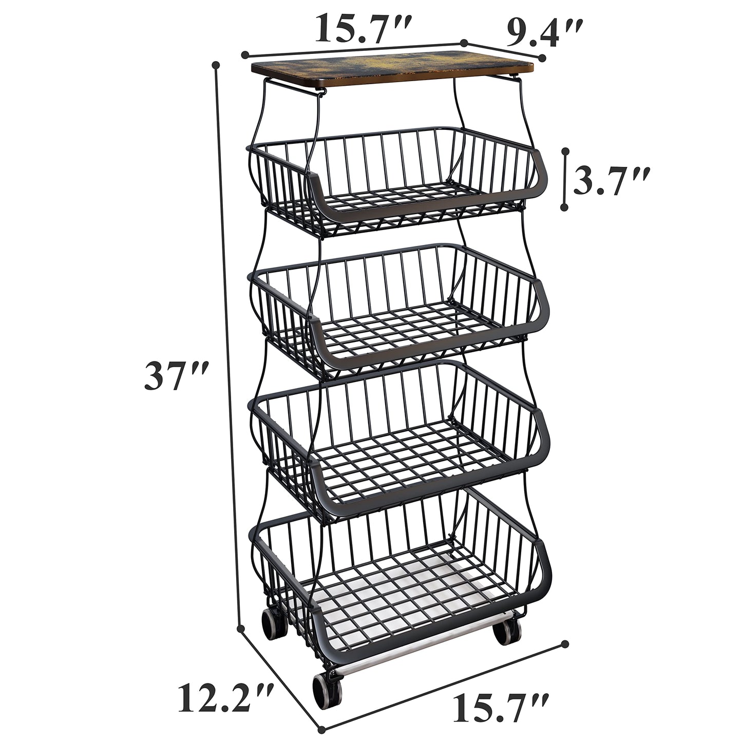 SNTD Fruit Basket Kitchen Pantry Organizers and Storage - Wooden Top Table, Stackable Metal Wire Basket Stand Cart For Fruit Vegetable Snacks Jars Bins Containers Organization