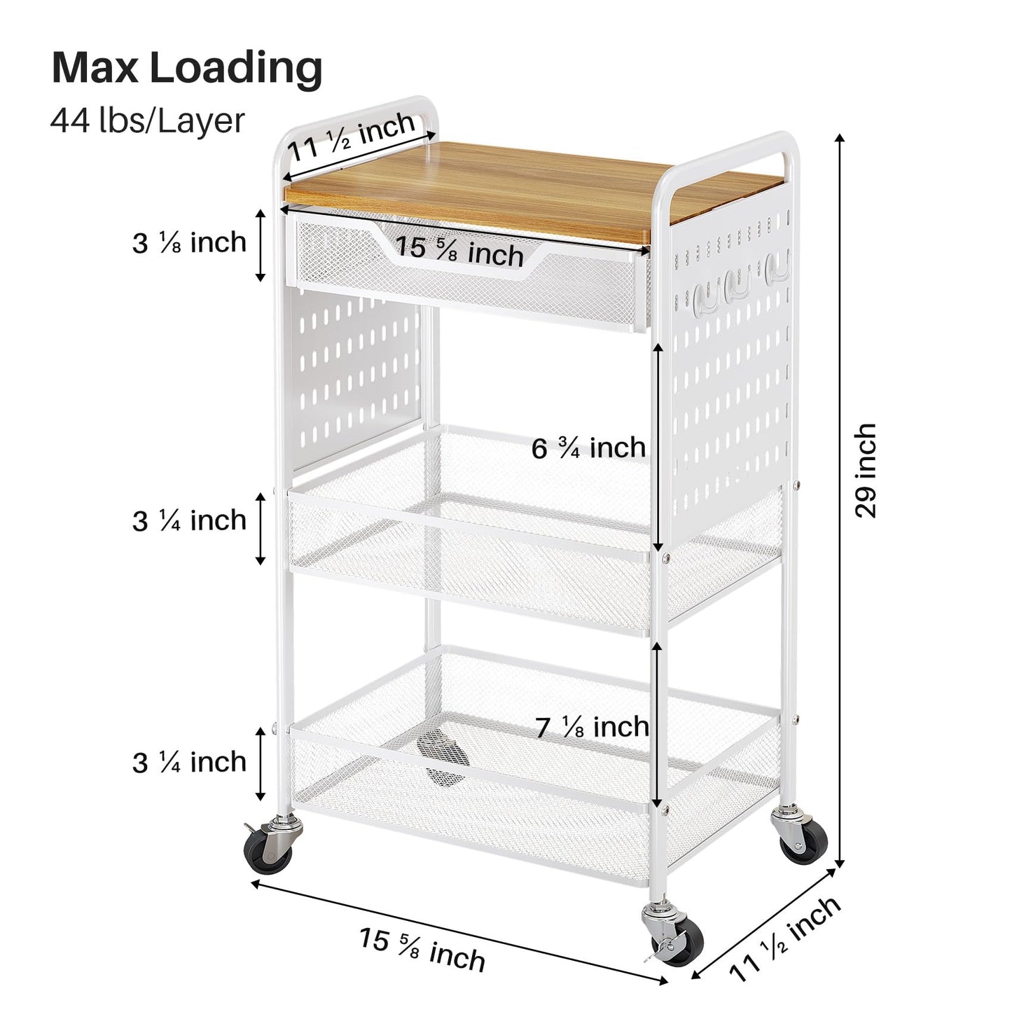 SNTD 3 Tier Rolling Utility Cart with Wheels - Metal Cart with Slide Drawer and Wood Tabletop, Versatile Storage Organizer Cart with Pegboards and Hooks