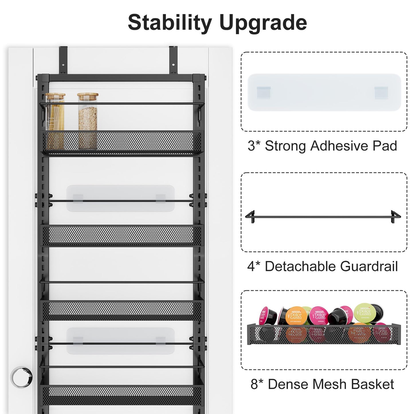 SNTD Over the Door Pantry Organizer - 8 Tier Adjustable Pantry Door Spice Organizer, Large Capacity Hanging Door Spice Rack for Kitchen Pantry Organizers and Storage (Black)