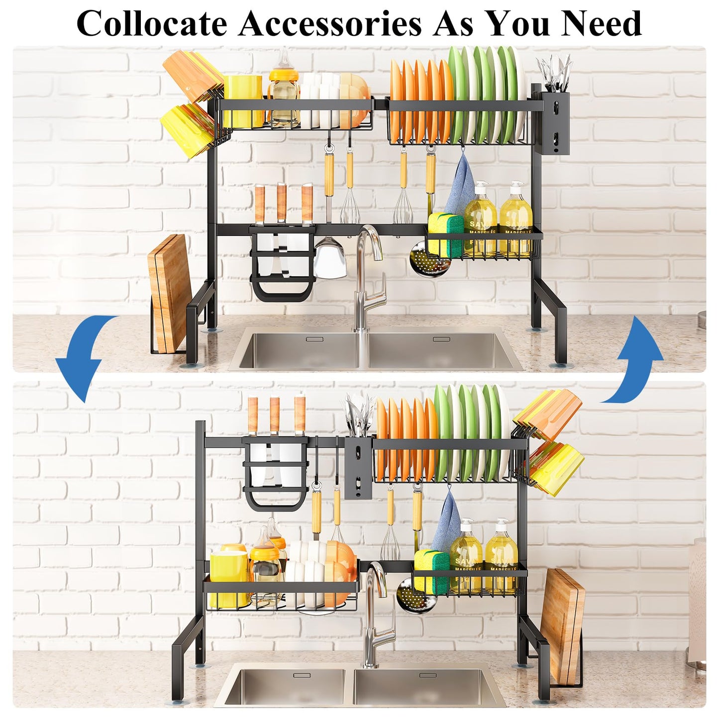 SNTD Over The Sink Dish Drying Rack, Adjustable (26.8" to 34.6") Large Dish Drainer Drying Rack for Kitchen Counter with Multiple Baskets Utensil Sponge Holder Sink Caddy, 2 Tier