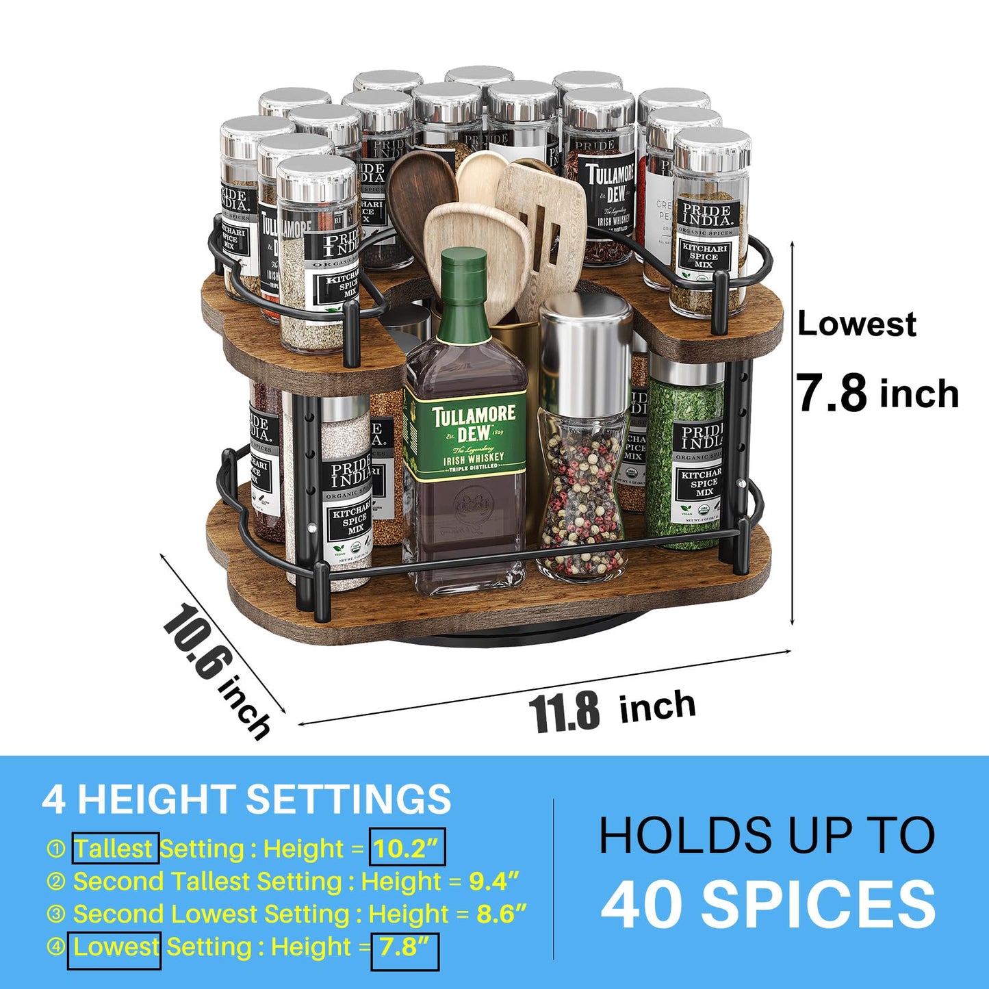 Lazy Susan Organizer Spice Rack - Height Adjustable Rotating Lazy Turntable Spice Organization for Cabinet, Pantry Kitchen Wood Revolving Seasoning Organizer, 12 inches, Black