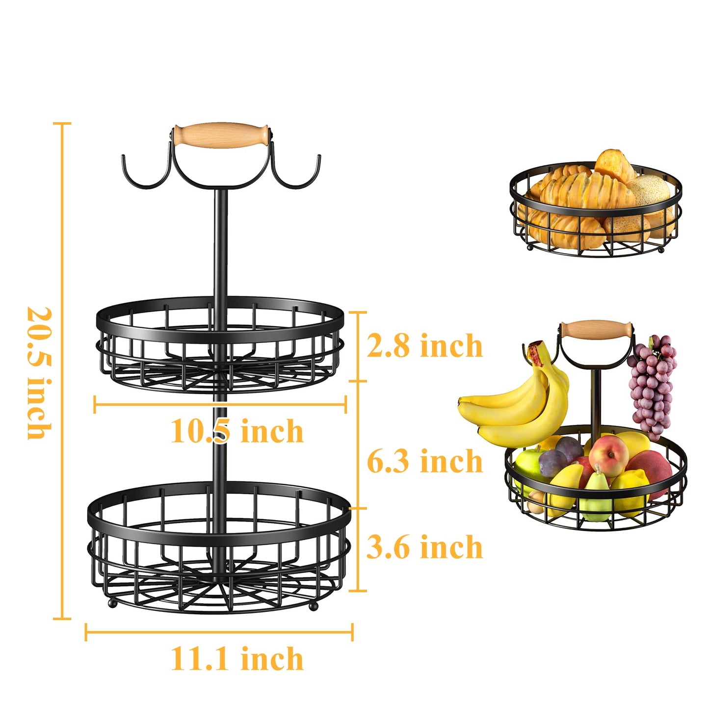 SNTD 2-Tier Fruit Basket Bowl Vegetable Storage with Dual Banana Tree Hanger and Wood Lift Handle, Kitchen Countertop Metal Wire Basket for Bread Onions Potatoes