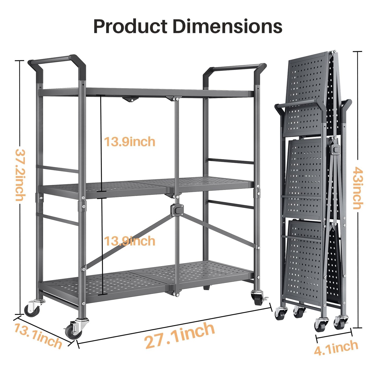 SNTD Rolling Utility Cart Folding Cart with Wheels - 3 Tier Collapsible Metal Cart, Large Capacity