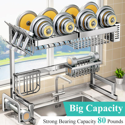 SNTD Over The Sink Dish Drying Rack, Adjustable (26.8" to 34.6") Large Dish Drainer Drying Rack for Kitchen Counter with Multiple Baskets Utensil Sponge Holder Sink Caddy, 2 Tier