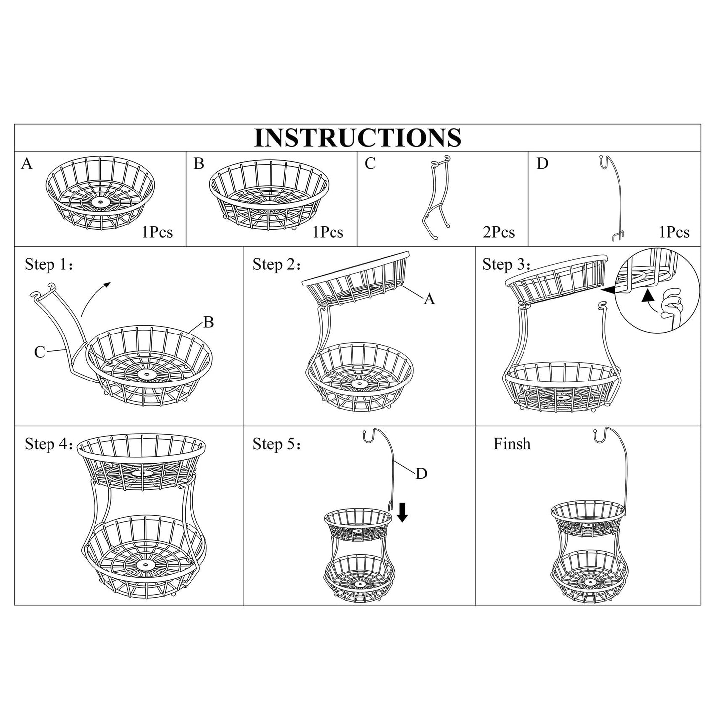 SNTD 2-Tier Fruit Basket Bowl Stackable Vegetable Storage with Banana Tree Hanger Stand for Kitchen Countertop, Metal Wire Basket for Bread Onions Potatoes