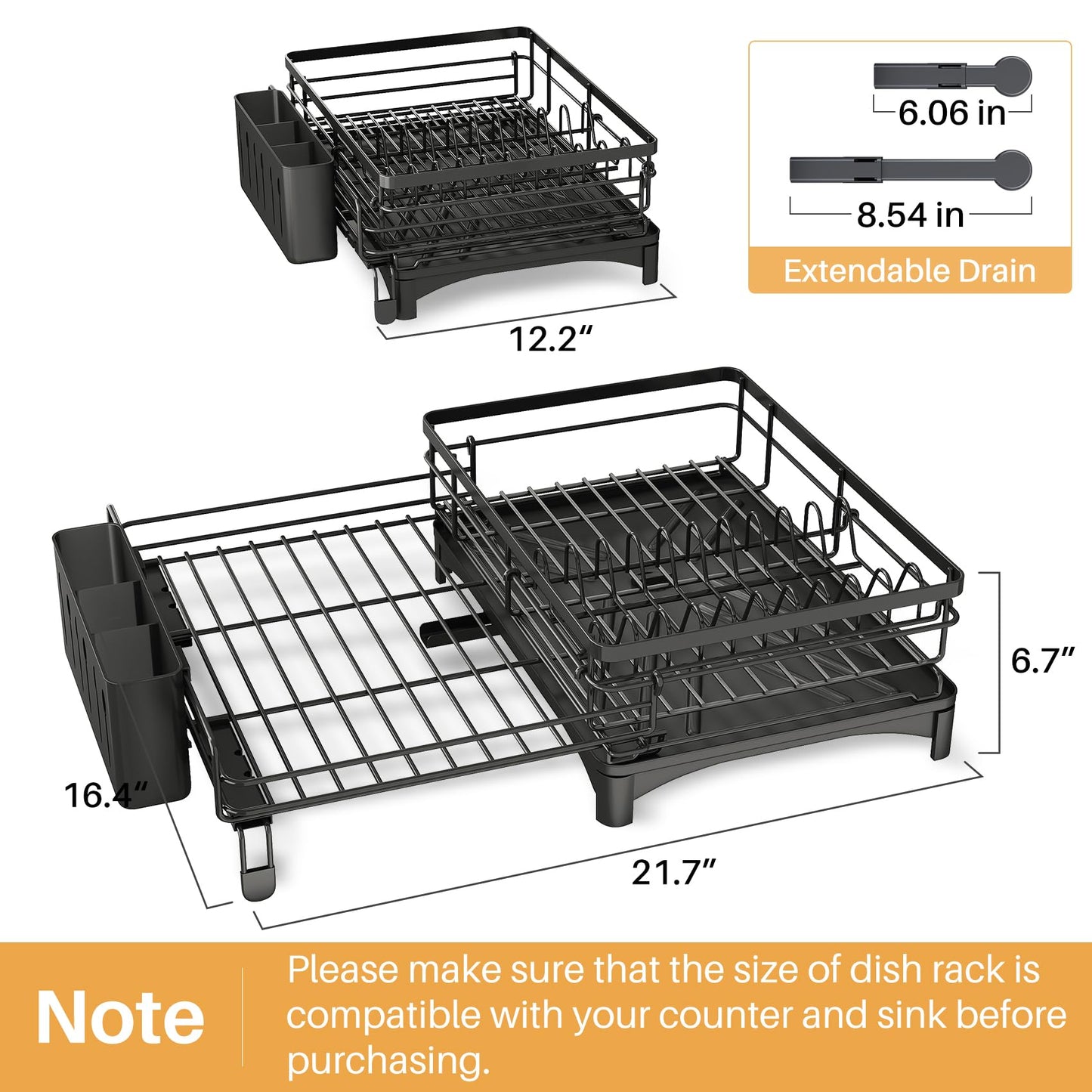 SNTD Dish Drying Rack - Extendable Dish Rack, Large Sink Drying Dish Drainer for Kitchen Counter, Stainless Steel