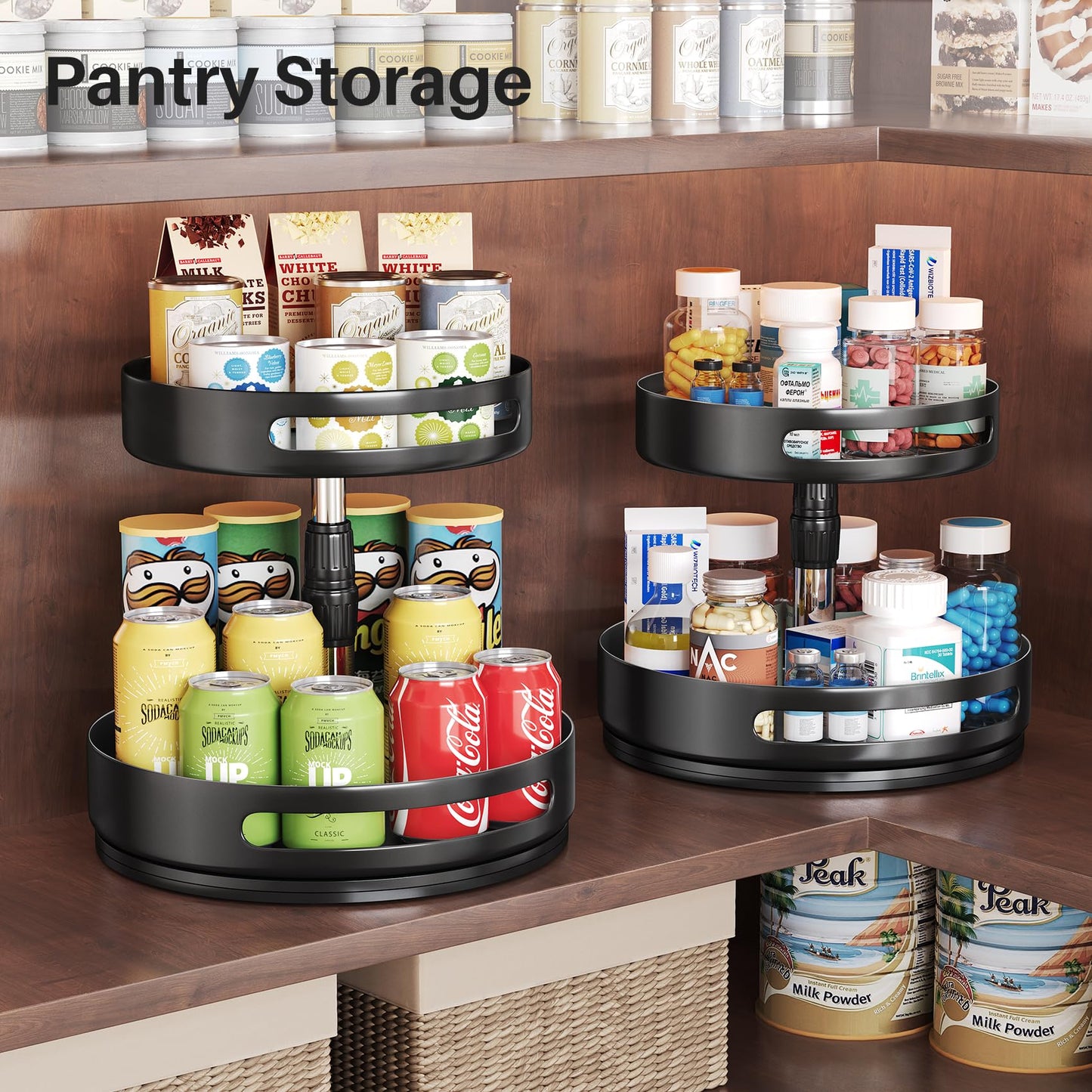 SNTD Lazy Susan Organizer Spice Rack - 2 Tier Height Adjustable Spice Organization for Cabinet, Metal Seasoning Organizer Lazy Turntable Spice Organizer for Table Top Pantry Kitchen Storage