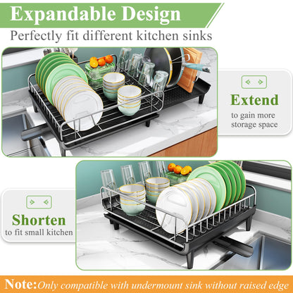 SNTD Dish Drying Rack - Expandable Dish Rack for Kitchen Counter, Large Dish Drainer with Pan Holder, Dish Strainer with Drainboard Cup Holder and Utensil Holder