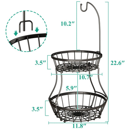 SNTD 2-Tier Fruit Basket Bowl Stackable Vegetable Storage with Banana Tree Hanger Stand for Kitchen Countertop, Metal Wire Basket for Bread Onions Potatoes