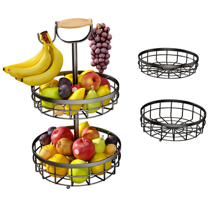 SNTD 2-Tier Fruit Basket Bowl Vegetable Storage with Dual Banana Tree Hanger and Wood Lift Handle, Kitchen Countertop Metal Wire Basket for Bread Onions Potatoes