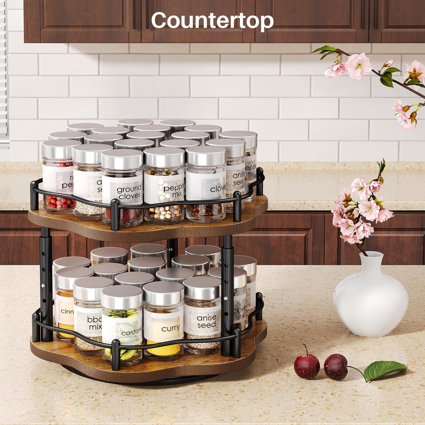 SNTD Lazy Susan Organizer Spice Rack for Cabinet - Height Adjustable Rotating Lazy Turntable Spice Organization for Table Top Pantry Kitchen, Wood Lazy Susan 10 inches Black