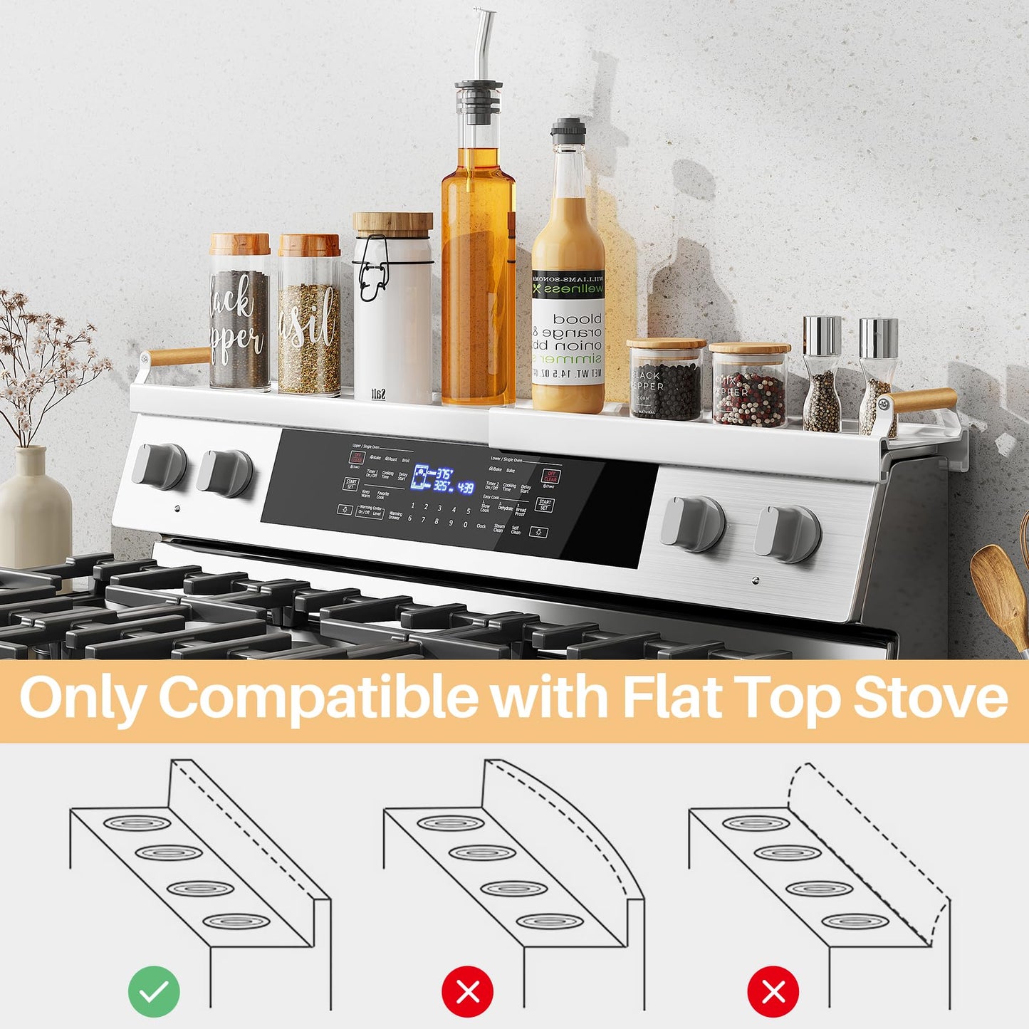 SNTD Magnetic Stove Top Shelf Spice Rack Organizer - Adjustable (16.9" to 30") Over the Stove Kitchen Storage Shelf, Rustproof Oven Shelf for Back of Stove, White