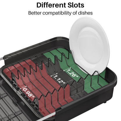 SNTD Dish Drying Rack, Expandable Dish Rack for Kitchen Counter, Stainless Steel Dish Drainer with Drainboard Set and Utensil Holder (Black)