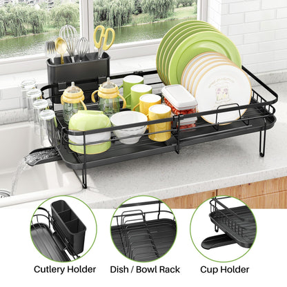 SNTD Large Dish Drying Rack - Expandable Dish Rack for Kitchen Counter, Stainless Steel Dish Drainer Rack with Utensil Holder and Cup Holder, Black