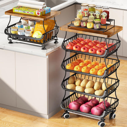 SNTD Fruit Basket Kitchen Pantry Organizers and Storage - Wooden Top Table, Stackable Metal Wire Basket Stand Cart For Fruit Vegetable Snacks Jars Bins Containers Organization