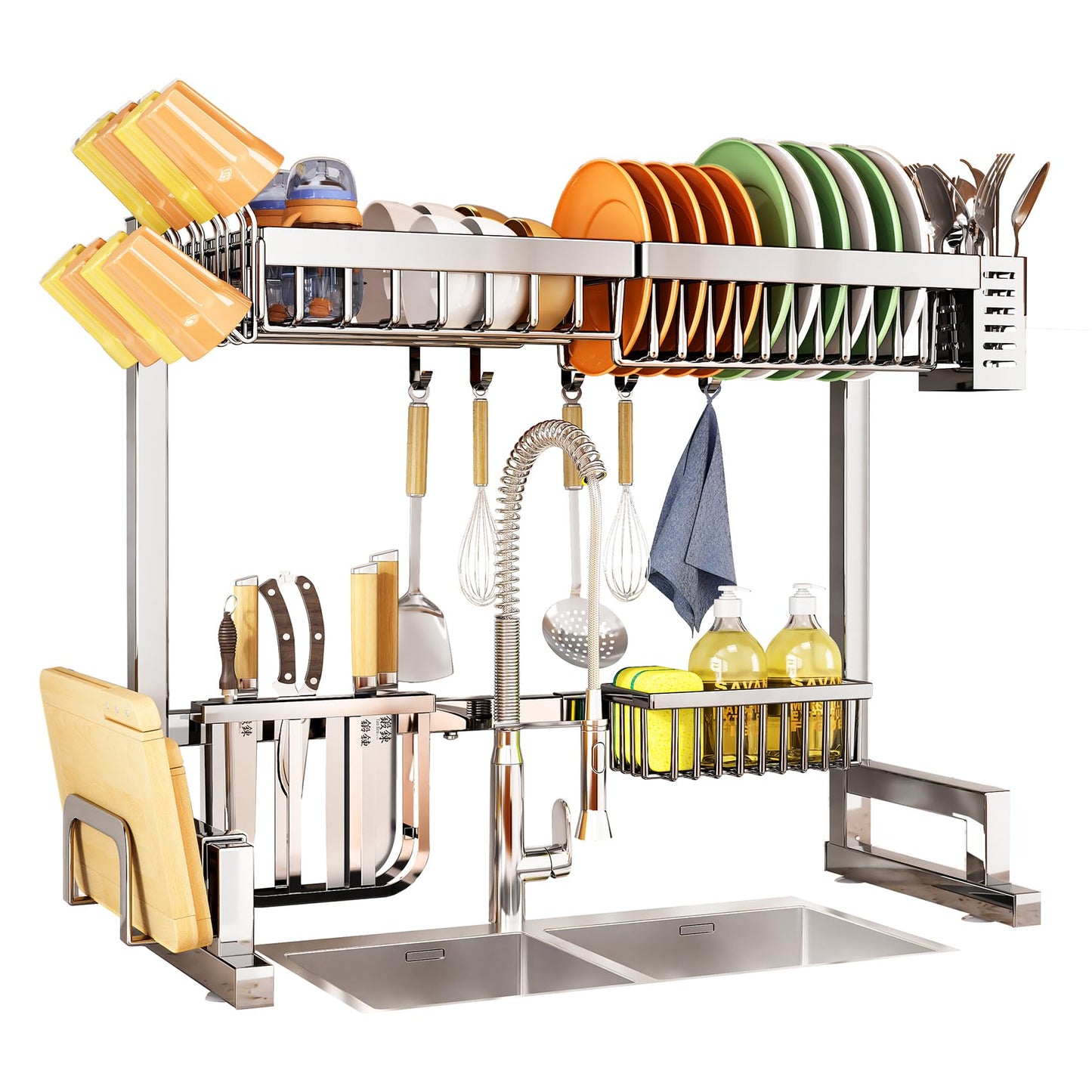 SNTD Over The Sink Dish Drying Rack, Adjustable (26.8" to 34.6") Large Dish Drainer Drying Rack for Kitchen Counter with Multiple Baskets Utensil Sponge Holder Sink Caddy, 2 Tier