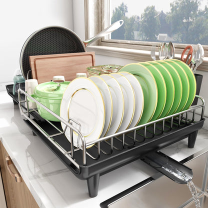 SNTD Dish Drying Rack - Expandable Dish Rack for Kitchen Counter, Large Dish Drainer with Pan Holder, Dish Strainer with Drainboard Cup Holder and Utensil Holder