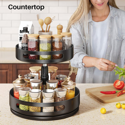 SNTD Lazy Susan Organizer Spice Rack - 2 Tier Height Adjustable Spice Organization for Cabinet, Metal Seasoning Organizer Lazy Turntable Spice Organizer for Table Top Pantry Kitchen Storage