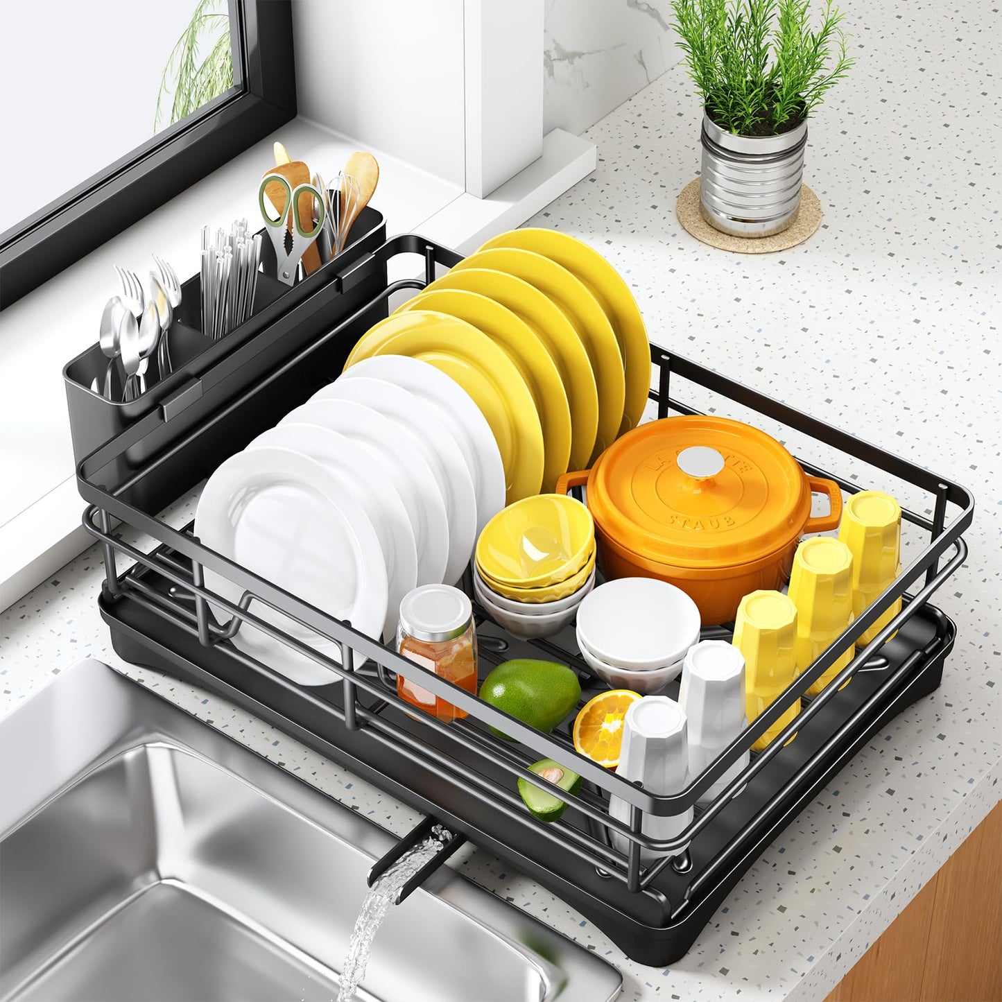 SNTD Dish Drying Rack for Kitchen Counter - Large Dish Rack with Drainboard, Rustproof Dish Drainer with Utensil Holder for Sink, Black