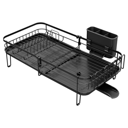 SNTD Large Dish Drying Rack - Expandable Dish Rack for Kitchen Counter, Stainless Steel Dish Drainer Rack with Utensil Holder and Cup Holder, Black