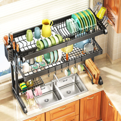 SNTD Over The Sink Dish Drainer Drying Rack, 3 Tier Adjustable (18.9" to 33.5") Kitchen Dish Rack Over Sink, Large Dish Drainer with Utensil Cup Holder