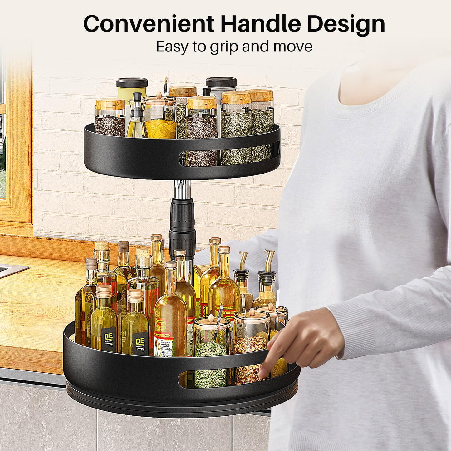 SNTD Lazy Susan Organizer Spice Rack - 2 Tier Height Adjustable Spice Organization for Cabinet, Metal Seasoning Organizer Lazy Turntable Spice Organizer for Table Top Pantry Kitchen Storage