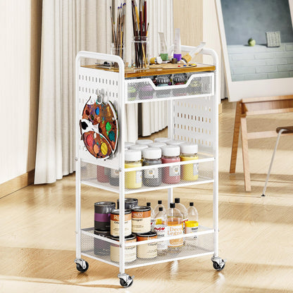 SNTD 3 Tier Rolling Utility Cart with Wheels - Metal Cart with Slide Drawer and Wood Tabletop, Versatile Storage Organizer Cart with Pegboards and Hooks