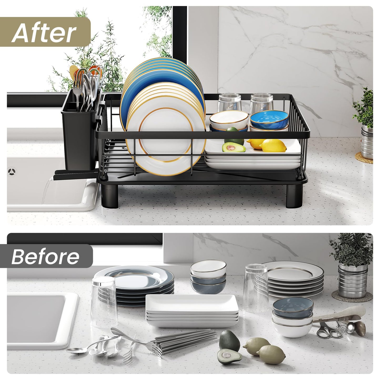 SNTD Dish Drying Rack - Small Dish Rack for Kitchen Counter, Stainless Steel Dish Drainer with Utensil Holder and Drainboard