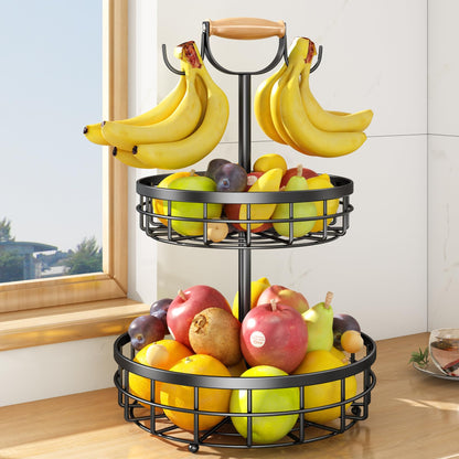 SNTD 2-Tier Fruit Basket Bowl Vegetable Storage with Dual Banana Tree Hanger and Wood Lift Handle, Kitchen Countertop Metal Wire Basket for Bread Onions Potatoes