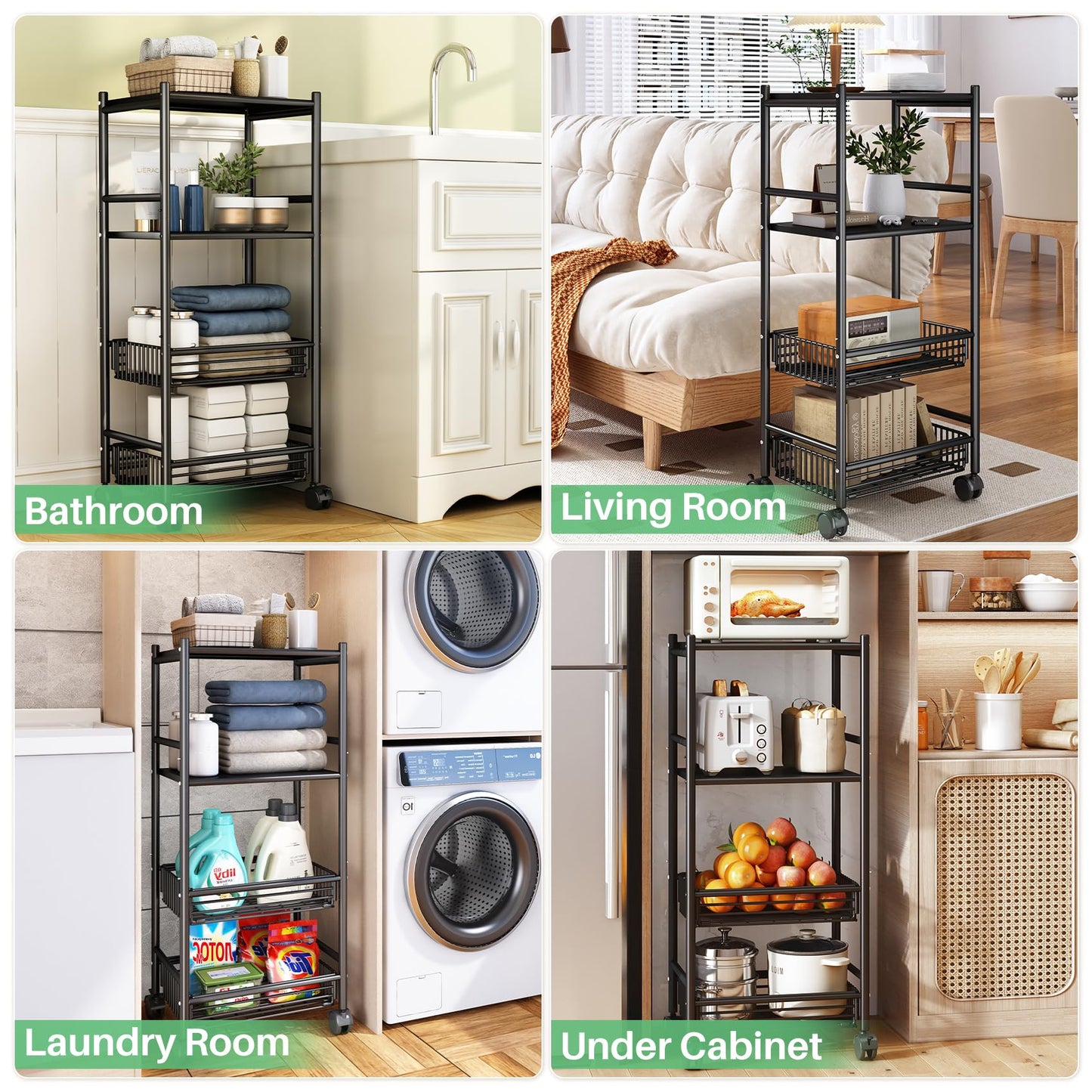 SNTD Kitchen Microwave Stand Shelf - 4 Tiers Metal Bakers Rack with Casters, Coffee Bar Station with Storage, Black