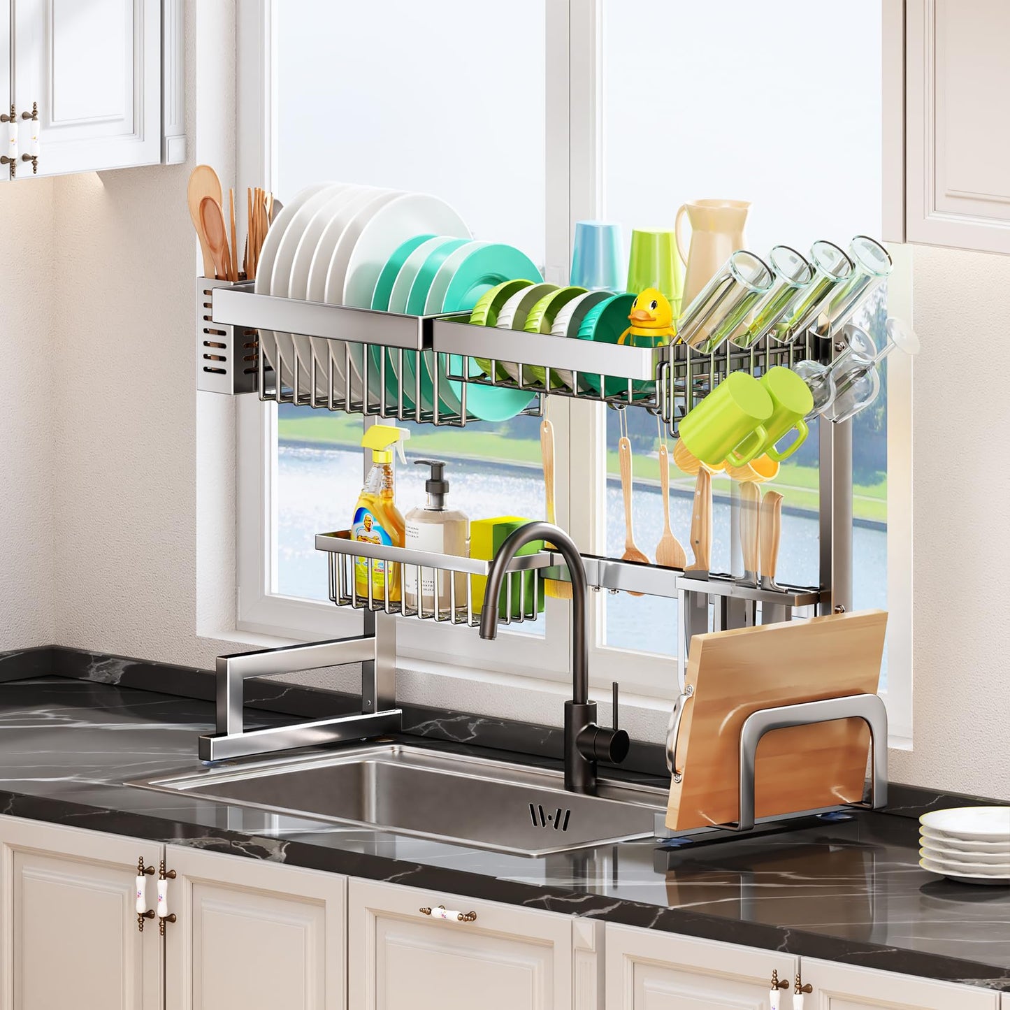 SNTD Over The Sink Dish Drying Rack, Adjustable (26.8" to 34.6") Large Dish Drainer Drying Rack for Kitchen Counter with Multiple Baskets Utensil Sponge Holder Sink Caddy, 2 Tier