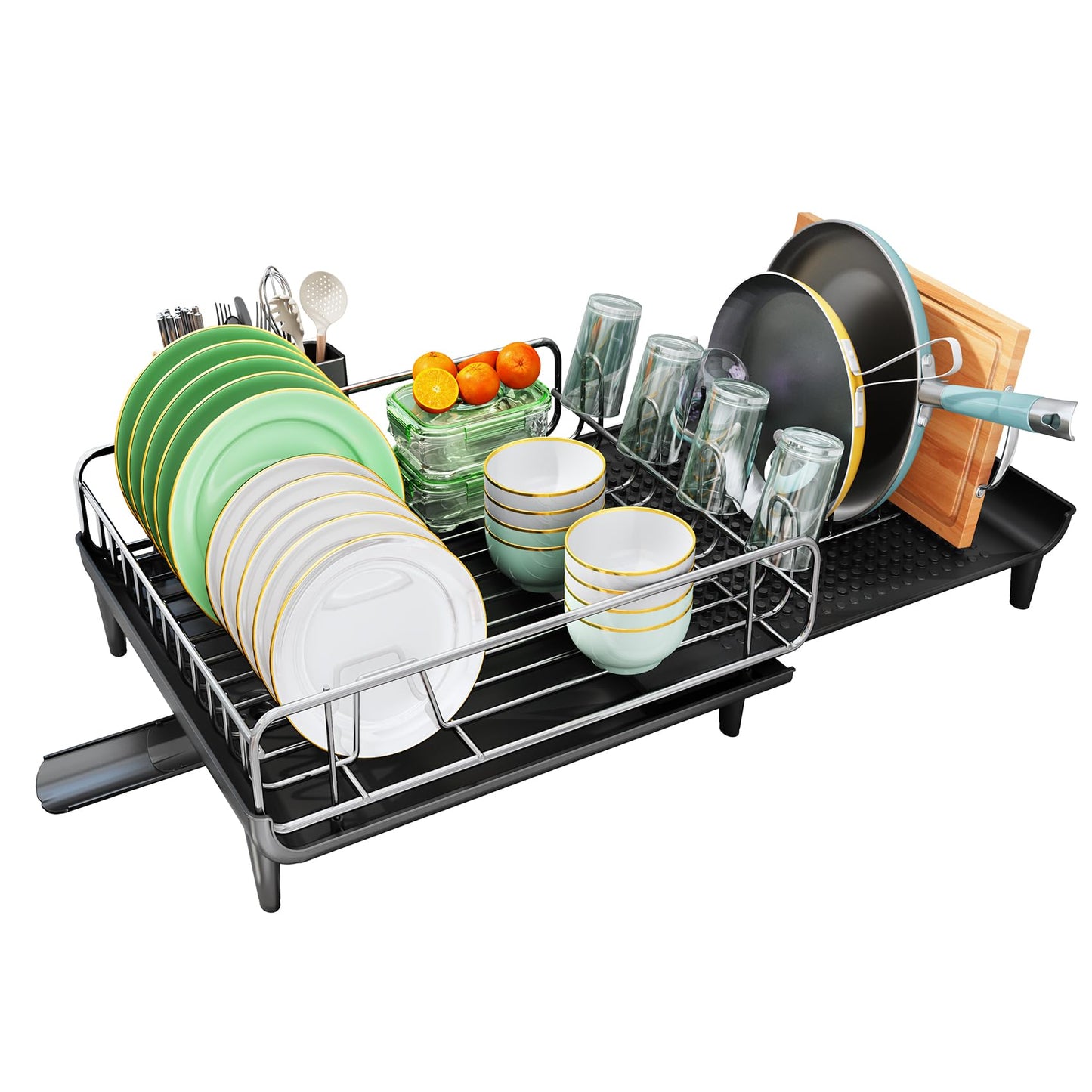 SNTD Dish Drying Rack - Expandable Dish Rack for Kitchen Counter, Large Dish Drainer with Pan Holder, Dish Strainer with Drainboard Cup Holder and Utensil Holder