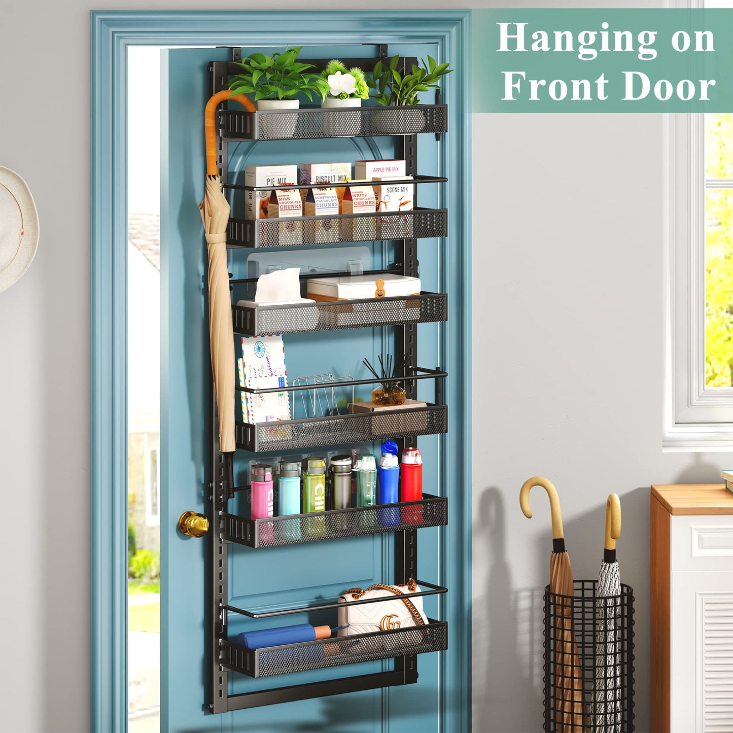 SNTD Over the Door Pantry Organizer Metal - Hanging Spice Rack for Kitchen Pantry, Adjustable Clearance, Black