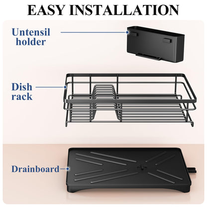 SNTD Dish Drying Rack for Kitchen Counter - Large Dish Rack with Drainboard, Rustproof Dish Drainer with Utensil Holder for Sink, Black