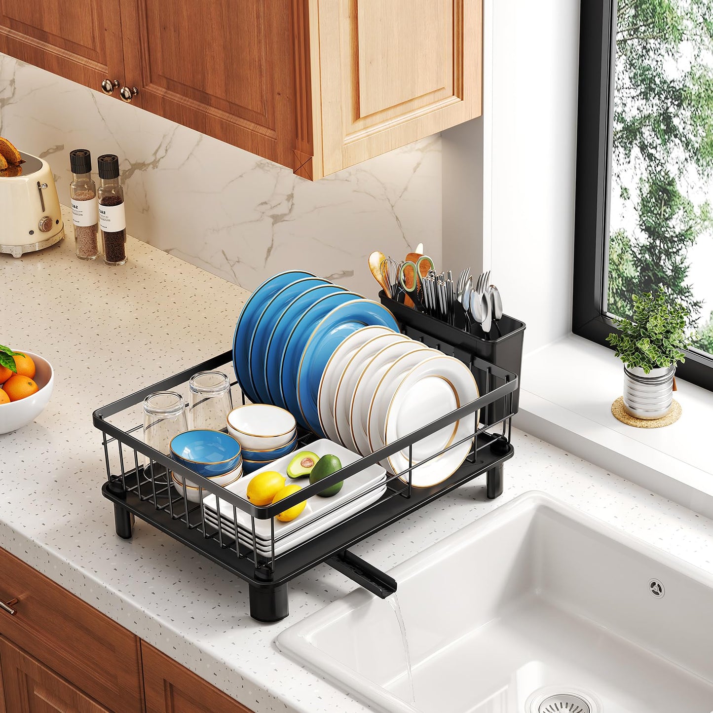 SNTD Dish Drying Rack - Small Dish Rack for Kitchen Counter, Stainless Steel Dish Drainer with Utensil Holder and Drainboard