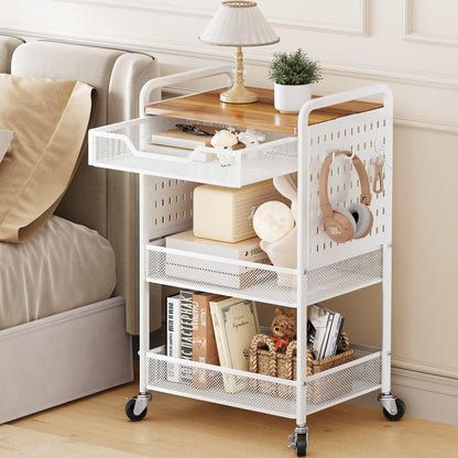 SNTD 3 Tier Rolling Utility Cart with Wheels - Metal Cart with Slide Drawer and Wood Tabletop, Versatile Storage Organizer Cart with Pegboards and Hooks